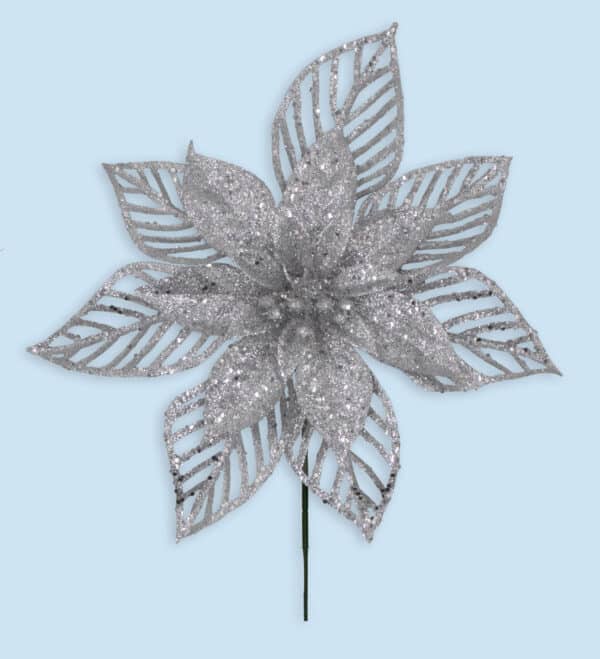 Silver Glitter Poinsettia Pick