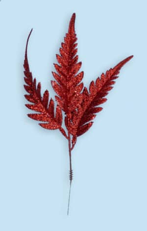 13" Red Glitter Fern Spray